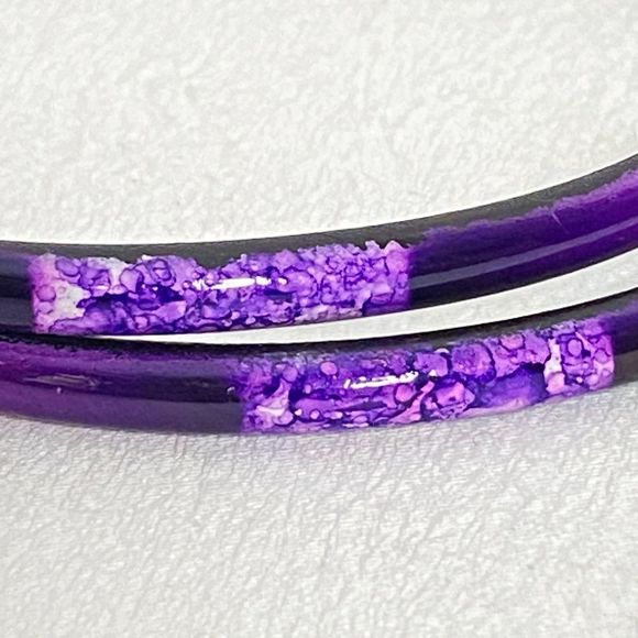 Glass Bangle Bracelets Set Of Two Purple Base Lavander Floral Design - Picture 4 of 7